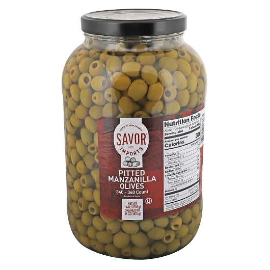 SAVOR IMPORTS PITTED MANZANILLA OLIVES GLASS JAR, 340/360 COUNT, 1 GALLON - 4 PER CASE, 4 - 1 GA