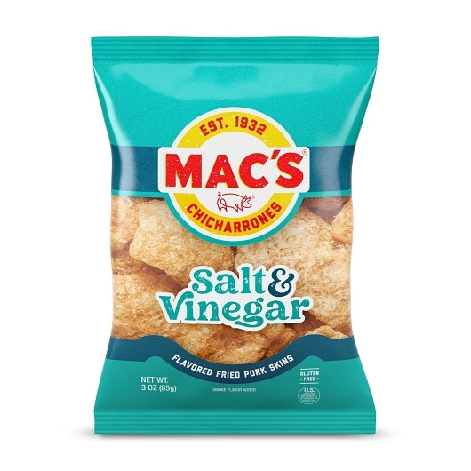 MAC'S BOX OF SALT & VINEGAR PORK SKINS, 12 - 3 OZ