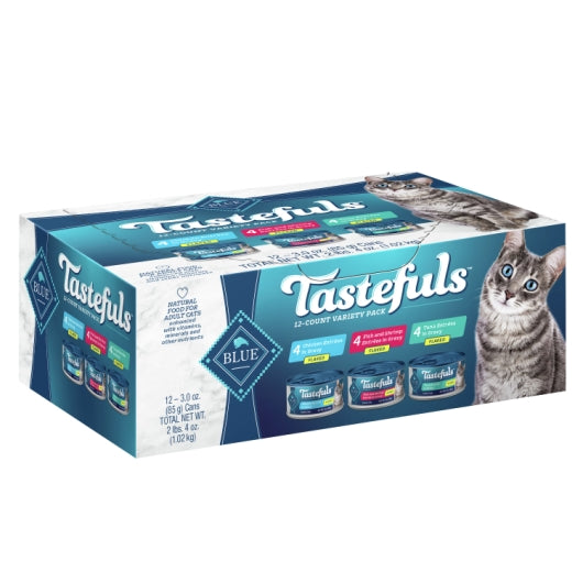 BLUE BUFFALO TASTEFULS ADULT CAT TUNA, CHICKEN AND FISH/SHRIMP IN GRAVY FLAKED CAT FOOD CANNED, 1 -