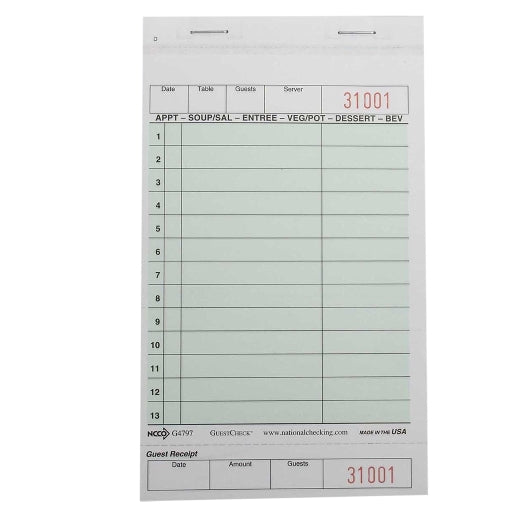 NCCO NATIONAL CHECKING 4.25 INCH X 7.25 INCH 2 PART GREEN CARBONLESS 13 LINE GUEST CHECK, 1 - 2000 E