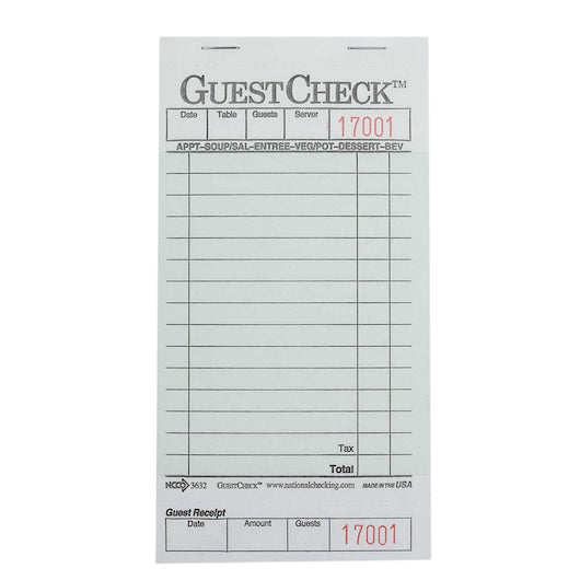 NCCO NATIONAL CHECKING 3.5 INCH X 6.75 1 PARTGREEN 13 LINE GUEST CHECK, 1 - 2500 EA