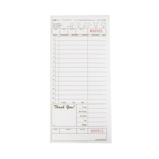 NCCO NATIONAL CHECKING 4.25 INCH X 9 INCH 1 PART TAN TINT 15 LINE GUEST CHECK, 1 - 2000 EA