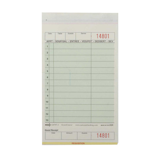 NCCO NATIONAL CHECKING 4.2 INCH X 7.25 INCH 3PART GREEN CARBONLESS 13 LINE GUEST CHECK, 1 - 2000 EA