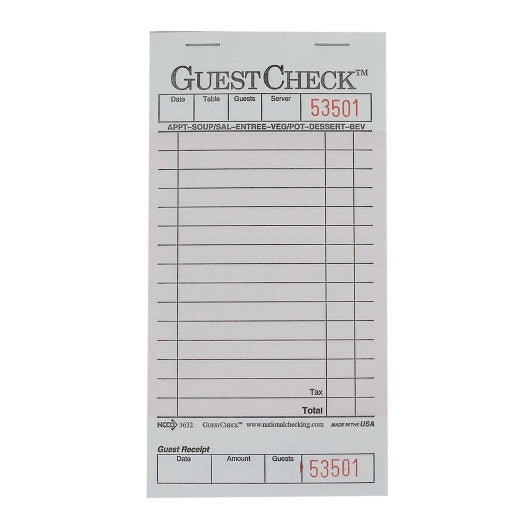NCCO NATIONAL CHECKING 3.5 INCH X 6.75 INCH 1PART PINK 13 LINE GUEST CHECK, 1 - 2500 EA