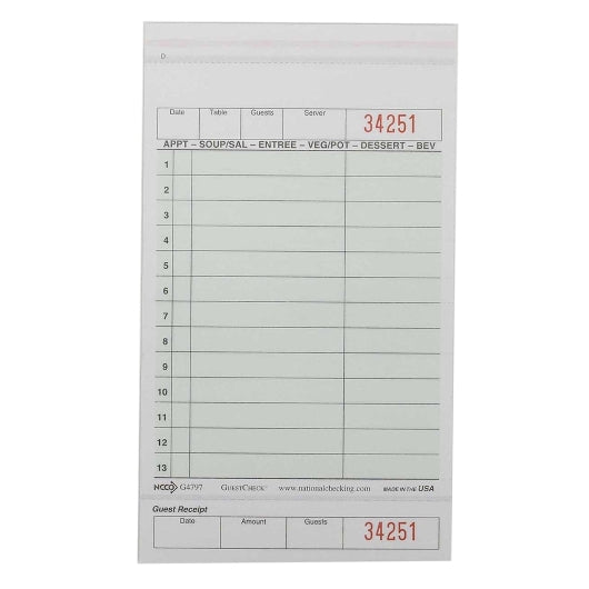 NCCO NATIONAL CHECKING 4.25 INCH X 7.25 INCH 2 PART GREEN TINT CARBONLESS 13 LINE GUEST CHECK, 1 - 2