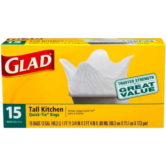 GLAD TALL QUICK TIE 13 GALLON TRASH BAGS, 12 - 15 CNT
