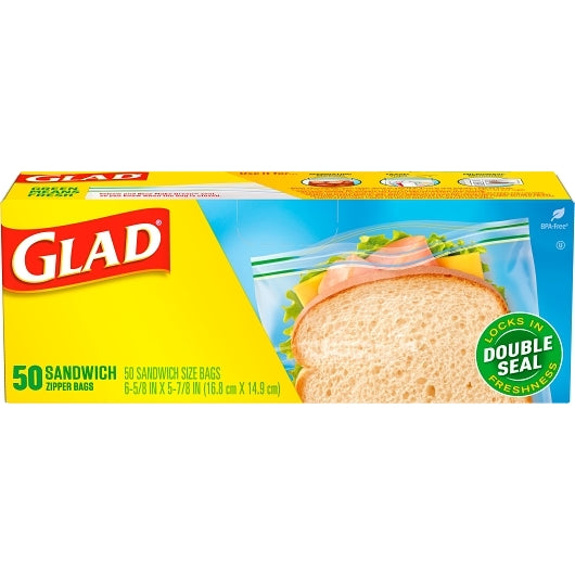 GLAD FOOD STORAGE ZIPPER SANDWICH, 12 - 50 CNT