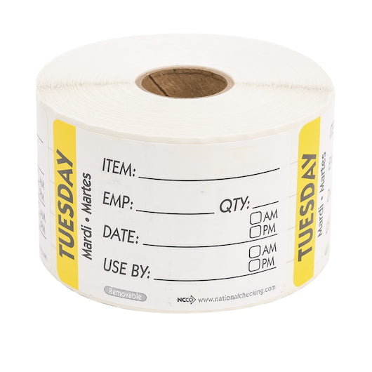NCCO NATIONAL CHECKING 2X3 TRILINGUAL ITEM-DATE-USE BY REMOVABLE TUESDAY YELLOW, 1 - 500 EA