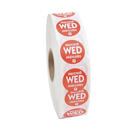 NCCO NATIONAL CHECKING .75 INCH CIRCLE TRILINGUAL PERMANENT RED WEDNESDAY LABEL, 1 - 2000 EA