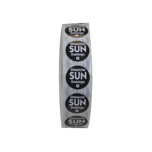 NCCO NATIONAL CHECKING .75 INCH CIRCLE TRILINGUAL PERMANENT BLACK SUNDAY LABEL, 1 - 2000 EA