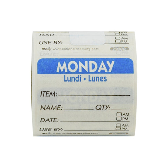 TRILINGUAL DISSOLVABLE LABELS MONDAY 2?X2?   EM-DATE-USE BY 1-250 EACH