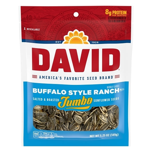 DAVID Roasted and Salted Jumbo Sunflower Seeds, Buffalo Style Ranch Flavor, 5.25oz. (Pack of 12)