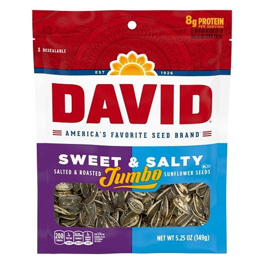 DAVID Roasted and Salted Jumbo Sunflower Seeds, Sweet and Salty Flavor, 5.25oz. (Pack of 12)