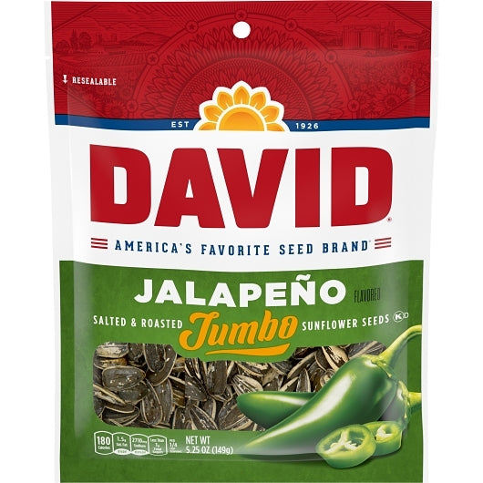 DAVID Roasted and Salted Jumbo Sunflower Seeds, Jalapeno Hot Salsa Flavor, 5.25oz. (Pack of 12)