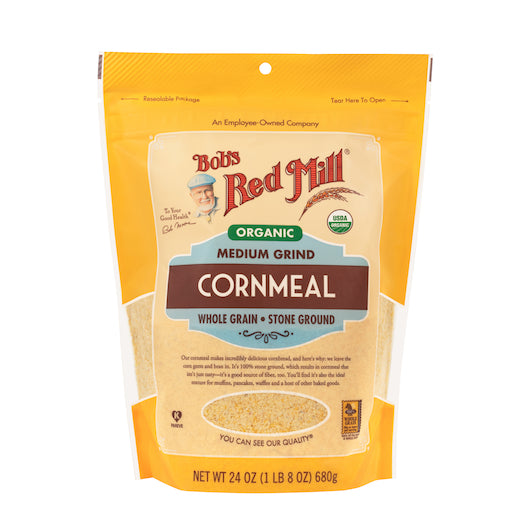 Bob's Red Mill Medium Grind Cornmeal, one case of four 24oz pouches.