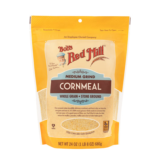 Bob's Red Mill Medium Grind Cornmeal, one case of four 24oz pouches.