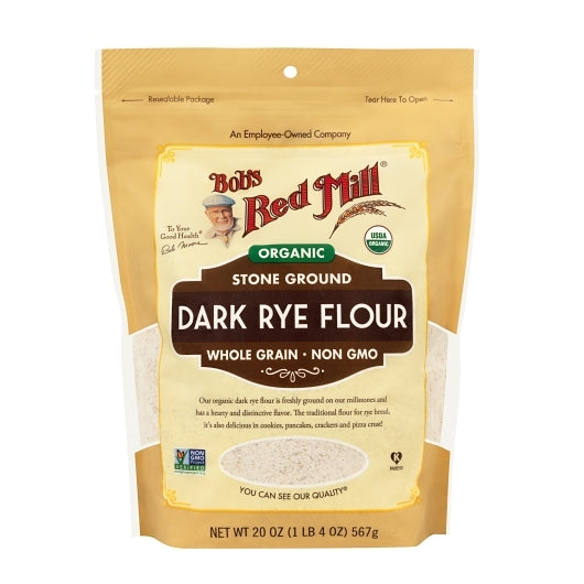 Bob's Red Mill Organic Dark Rye Flour, one case of four 20oz pouches