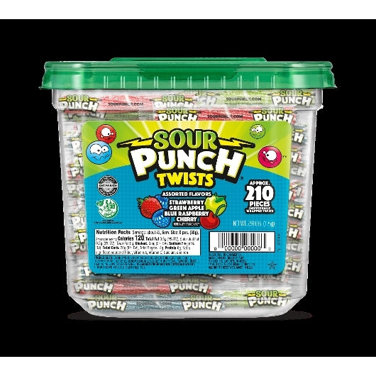 Sour Punch Twists 4-color, 4-flavor Strawberry, Blue Raspberry, Green Apple and Cherry. Approximatel