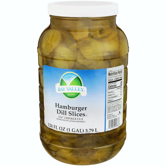 BAY VALLEY 1 GAL HAMBURGER DILL PICKLE SLICES3/16 CRINKLE CUT 396-450 COUNT-CASE OF 4