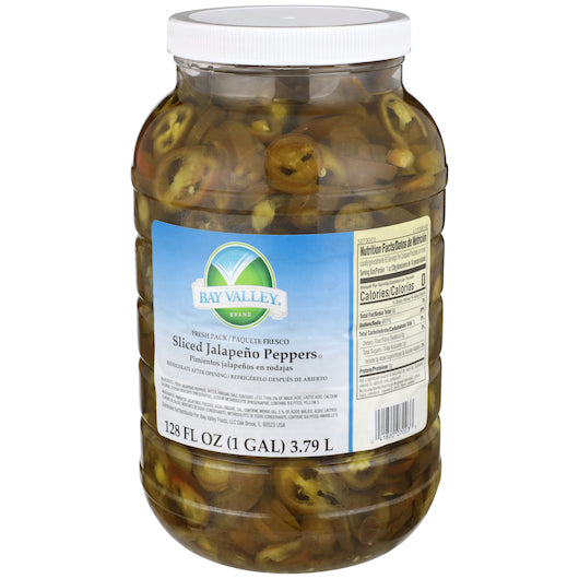 BAY VALLEY 1 GAL FRESH PACK SLICED JALAPENO PEPPERS 1/4 SMOOTH 810-1028 COUNT-CASE OF 4