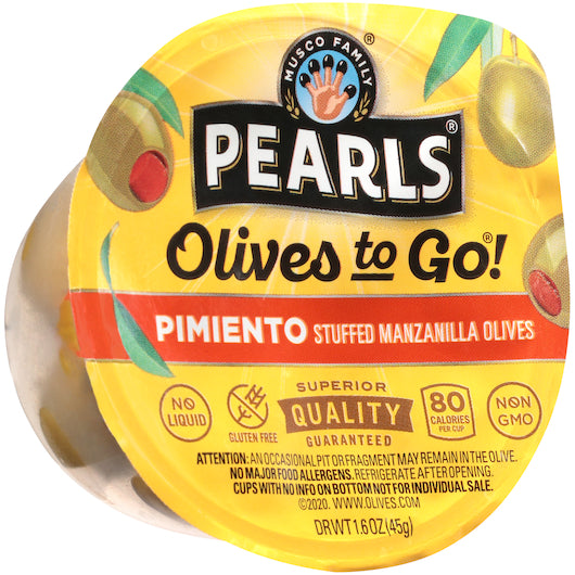 PEARLS PIMENTO STUFFED MANZANILLA OLIVES TO GO, 8 - 12 - 1.6 OZ