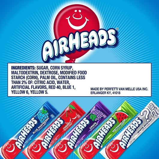 Airheads Individually Wrapped Full Size CandyBars 5 Flavor Variety Pack, 8, 18 Count Bulk Pack, (.5