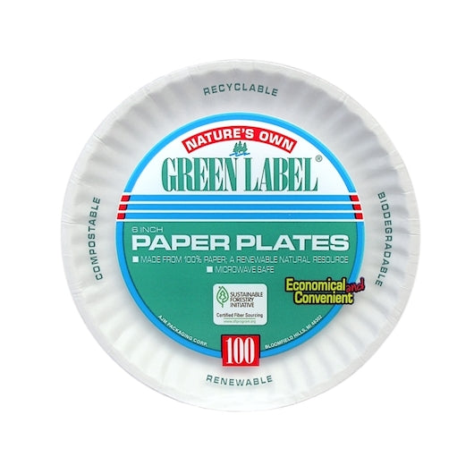 AJM GREEN LABEL 6 INCH PAPER PLATE, 10 - 100 CNT