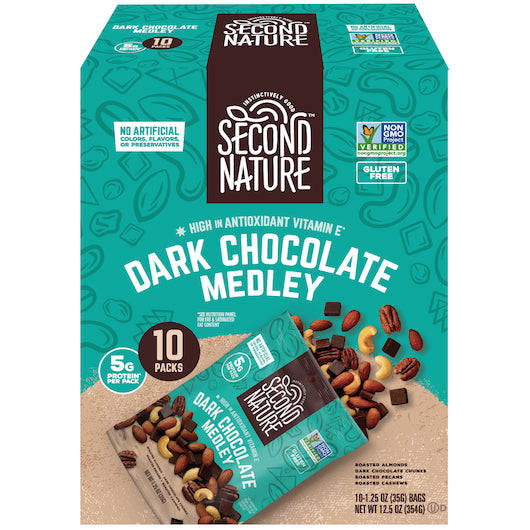 SECOND NATURE DARK CHOCOATE PEANUTS MEDLEY, 4- 10 - 1.25 OZ