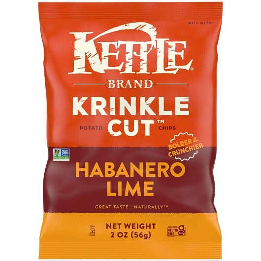 Kettle Brand Potato Chips, Krinkle Cut, Habanero Lime Kettle Chips, Snack Bag, 2 Oz