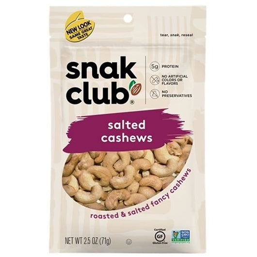 SNAK CLUB SALTED CASHEWS, 6 - 2.5 OZ