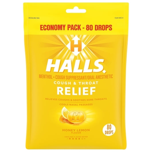 HALLS RELIEF HONEY LEMON COUGH DROPS 80 CT x 12