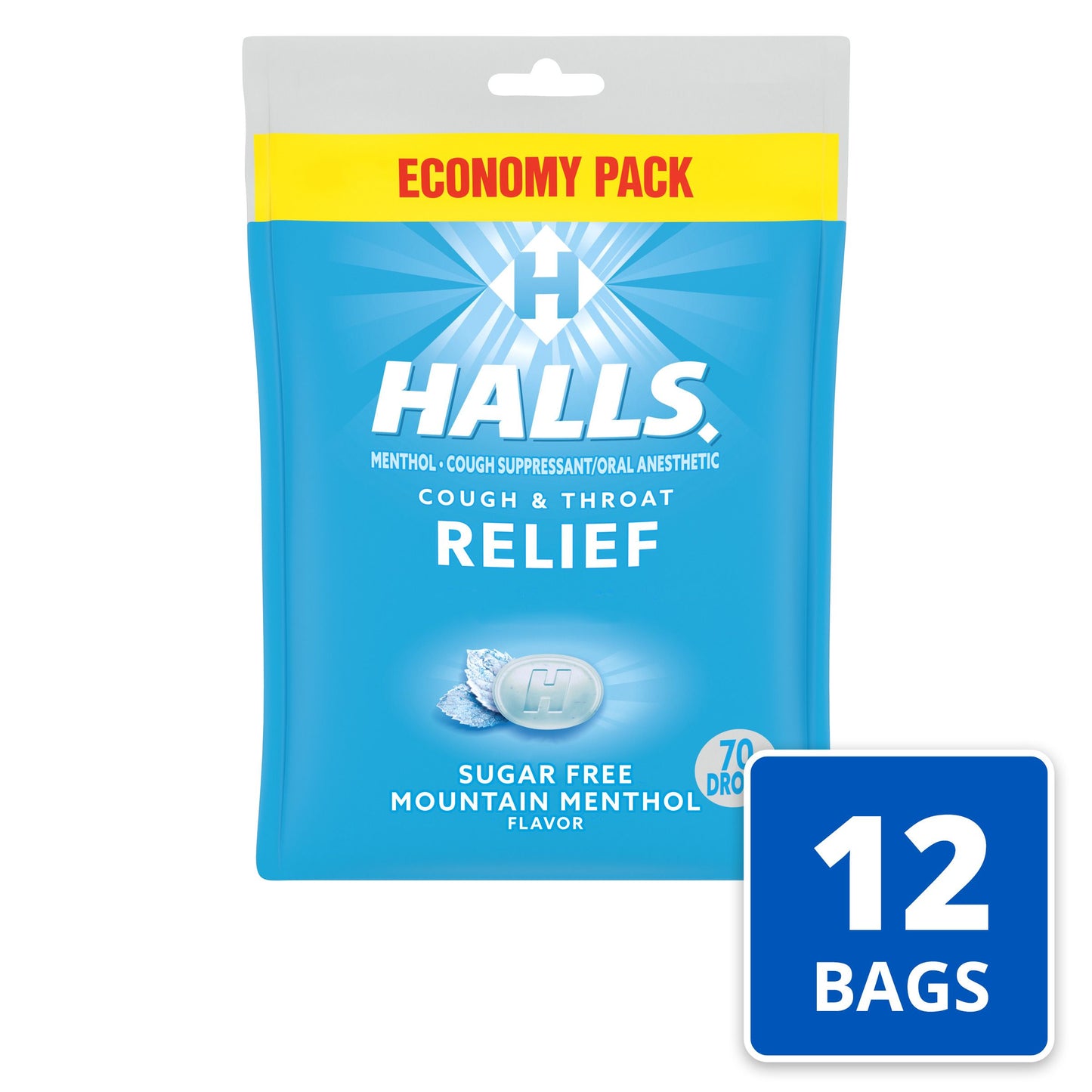 HALLS RELIEF MOUNTAIN MENTHOL SUGAR FREE COUGH DROPS 70 PC x 12
