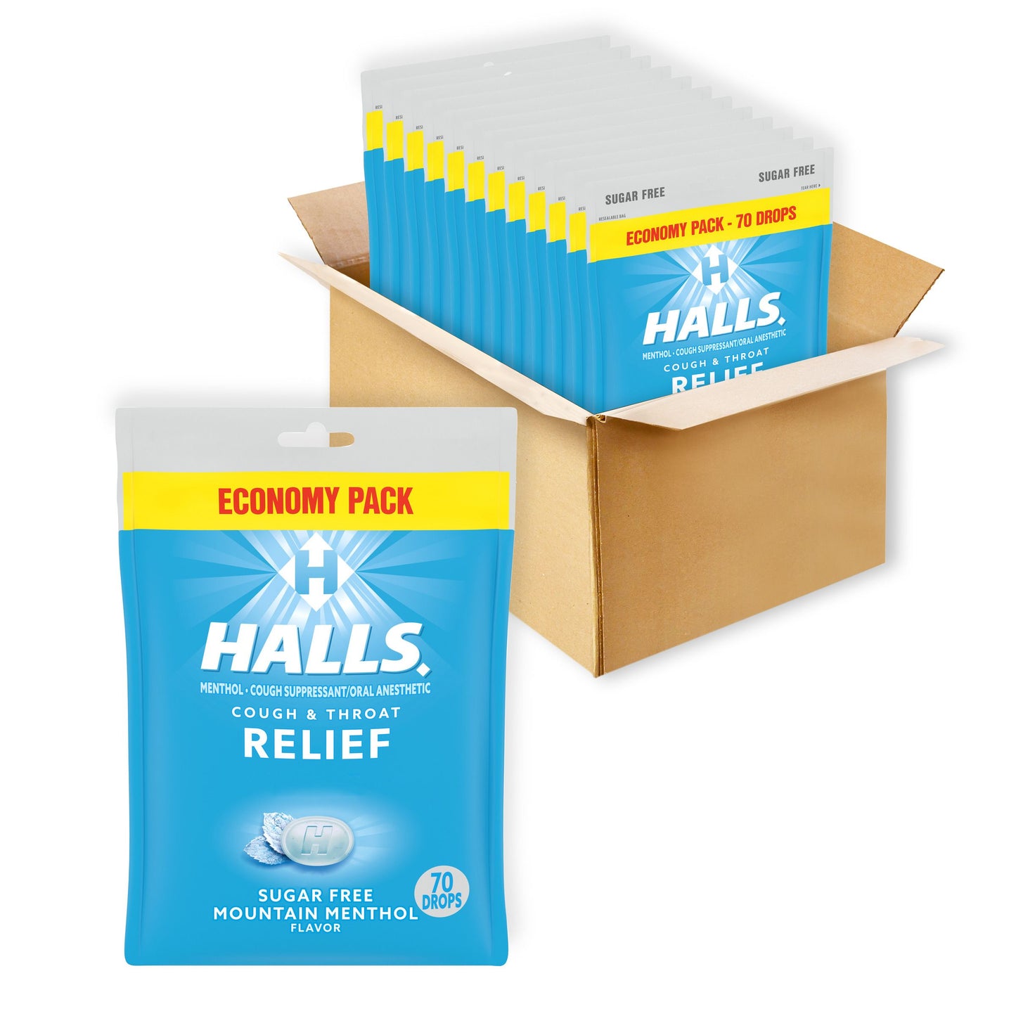 HALLS RELIEF MOUNTAIN MENTHOL SUGAR FREE COUGH DROPS 70 PC x 12