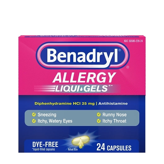 BENADRYL ALLERGY LIQUA-GELS DYE-FREE ANTIHISTAMINE 25 MG CAPSULES, 4 - 6 - 24 CNT