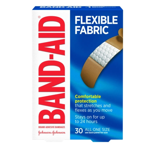 BAND AID FLEXIBLE FABRIC COMFORTABLE ALL ONE SIZE BANDAGES, 4 - 6 - 30 CNT