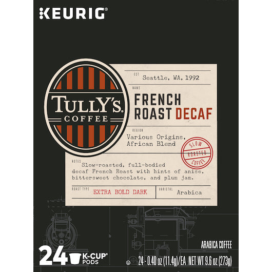 TULLY'S COFFEE K-CUP POD FRENCH ROAST DECAFFEINATED, 4 - 24 CNT