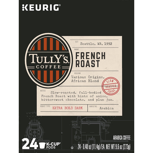 TULLY'S COFFEE COFFEE K-CUP POD FRENCH ROAST,4 - 24 CNT