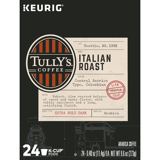 TULLY'S COFFEE COFFEE K-CUP POD ITALIAN ROAST, 4 - 24 CNT