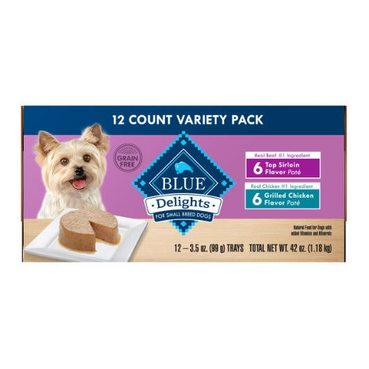 BLUE BUFFALO DELIGHTS NATURAL ADULT SMALL BREED WET DOG FOOD CUPS, PATE STYLE, GRILLED CHICKEN & TOP
