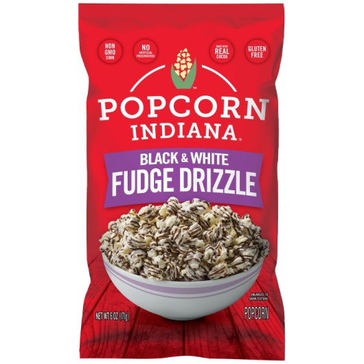 POPCORN INDIANA BLACK AND WHITE FUDGE DRIZZLED POPCORN, 6 - 6 OZ