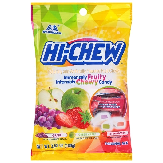 HI-CHEW Original Mix 3.53oz Peg Bag 6ct Display Ready Case (Assorted mix of Strawberry, Grape & Gree