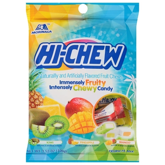 HI-CHEW Tropical Mix 3.53oz Peg Bag 6ct Display Ready Case (Assorted Mix of Mango, Pineapple, Kiwi)