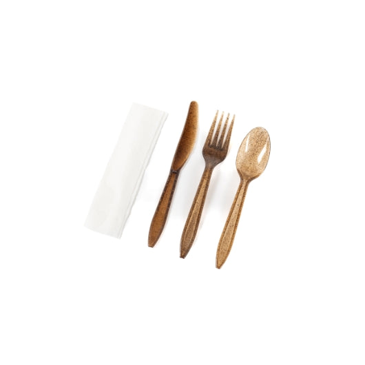THE SUSTAINABLE AGAVE COMPANY AGAVE BROWN CUTLERY KIT - WITH NAPKIN WRAPPED IN BIOFILM, 1 - 250 PC