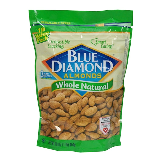 Blue Diamond Almonds, Whole Natural, 16oz Bag(Case of 6)