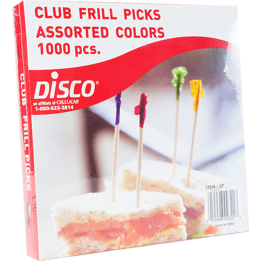 Wooden disposable club frill, 4?. Assortment of  red, green, blue and yellow.