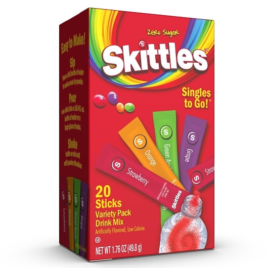 SKITTLES DRINK MIX STRAWBERRY, ORANGE, GREEN APPLE, AND GRAPE VARIETY PACK SINGLES TO GO, 6 - 20 CNT