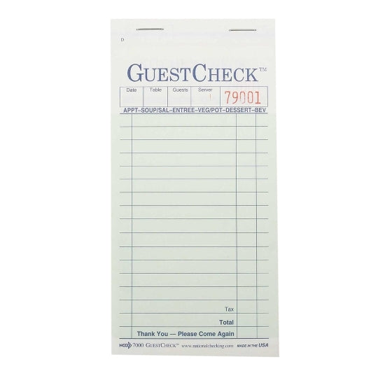 NATIONAL CHECKING COMPANY 2 PART 17 LINE BOARD GREEN GUEST CHECK, 1 - 2500 EA