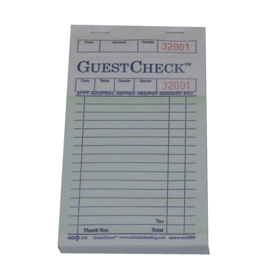 NCCO NATIONAL CHECKING GUEST CHECK 1 PART GREEN 17 LINE, 50 - 100 SH