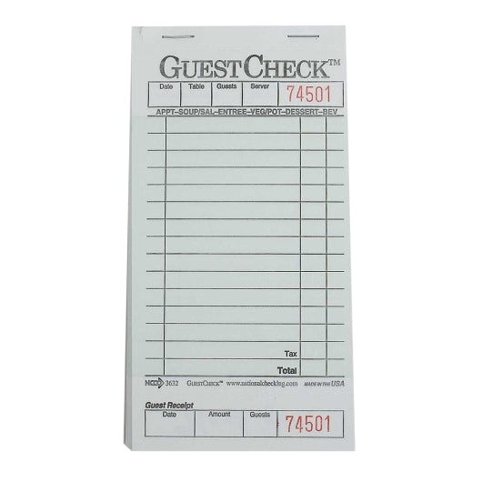 NCCO NATIONAL CHECKING 3.5 INCH X 6.75 INCH 1PART GREEN 15 LINE GUEST CHECK, 1 - 2500 EA