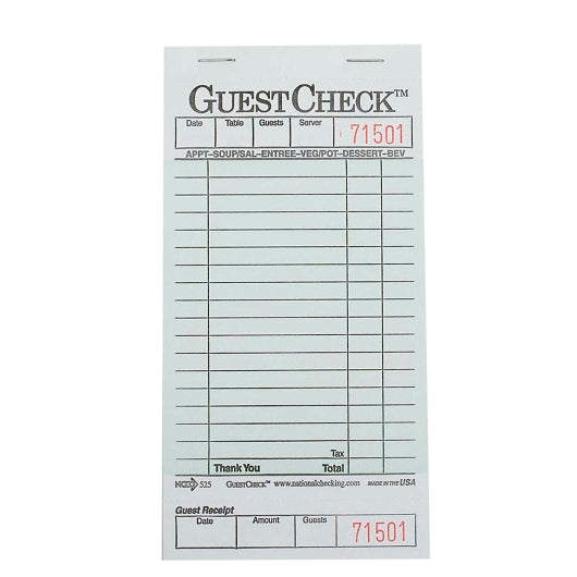 NATIONAL CHECKING COMPANY 1 PART 18 LINE GREEN GUEST CHECK, 50 - 50 SH